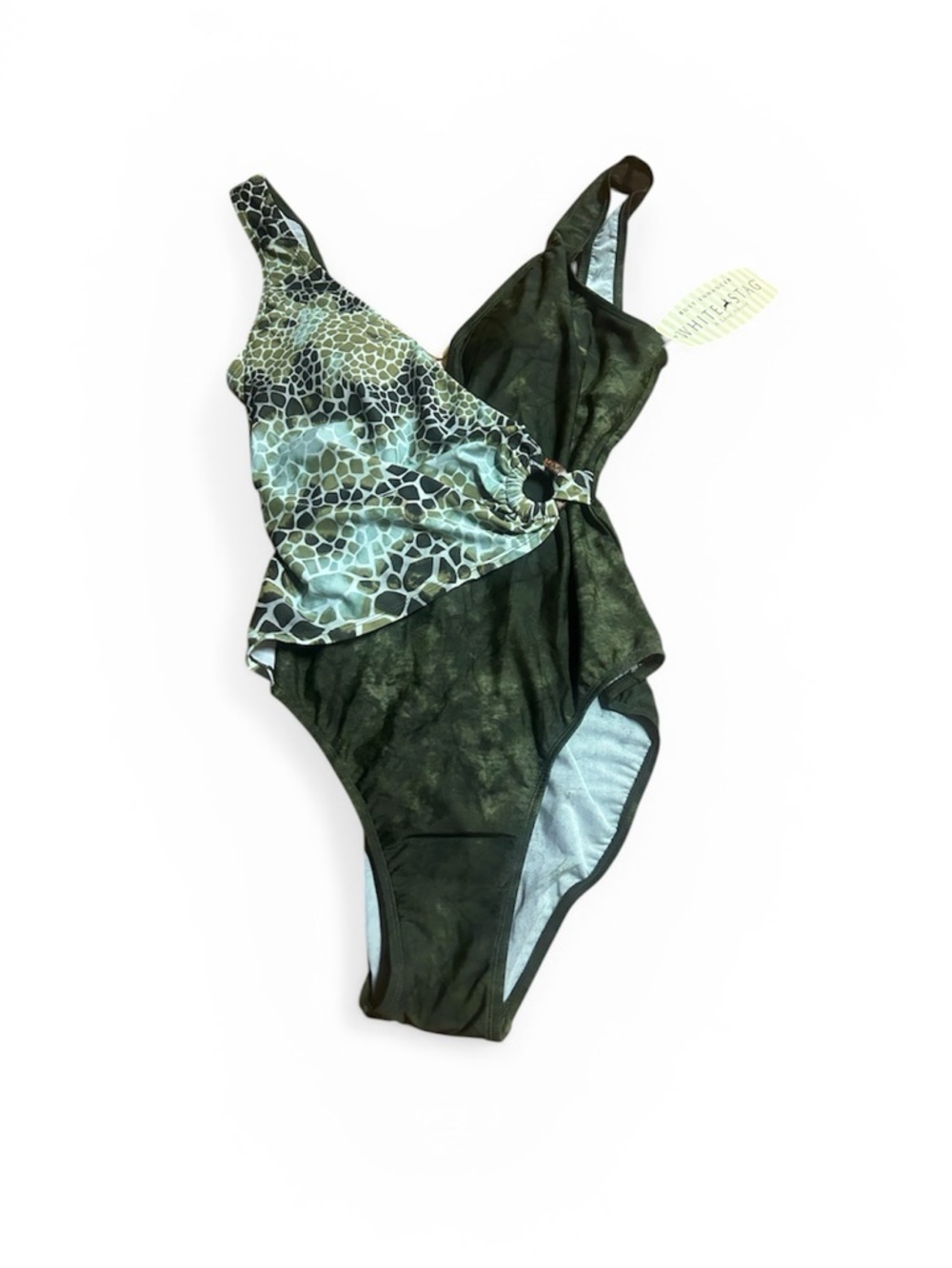 White Stag Green One-Piece Swimsuit with Giraffe-Print Ruffle